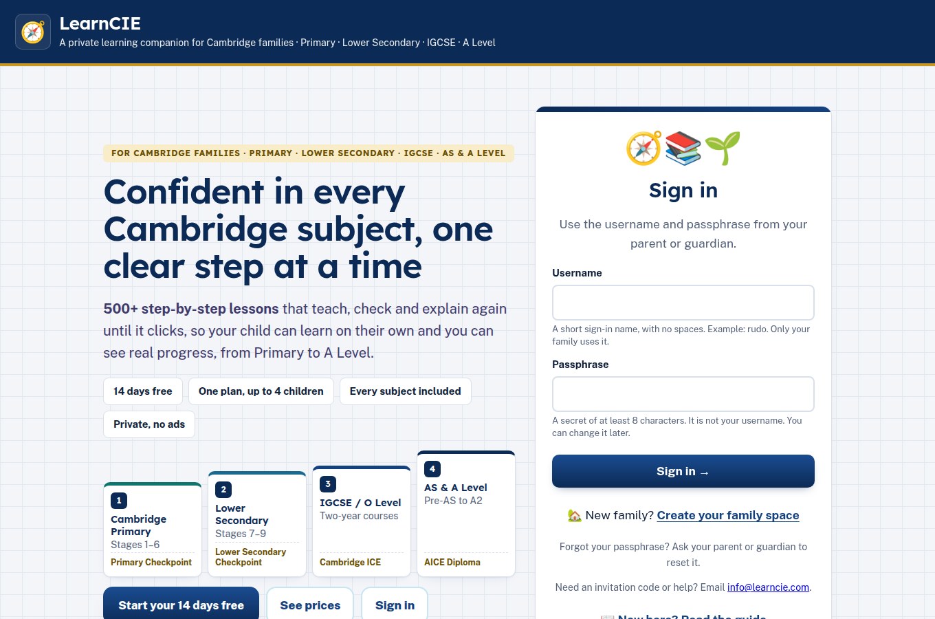 LearnCIE public website for Cambridge families